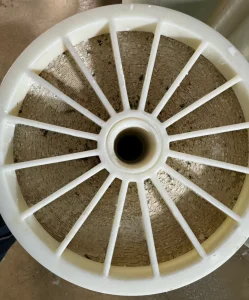 Fouled nanofiltration membrane element inlet end face, showing contamination before cleaning.