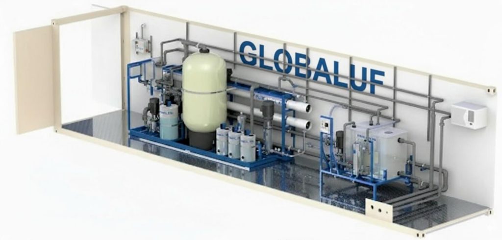Internal view of Globaluf's containerized water treatment system, showcasing integrated components