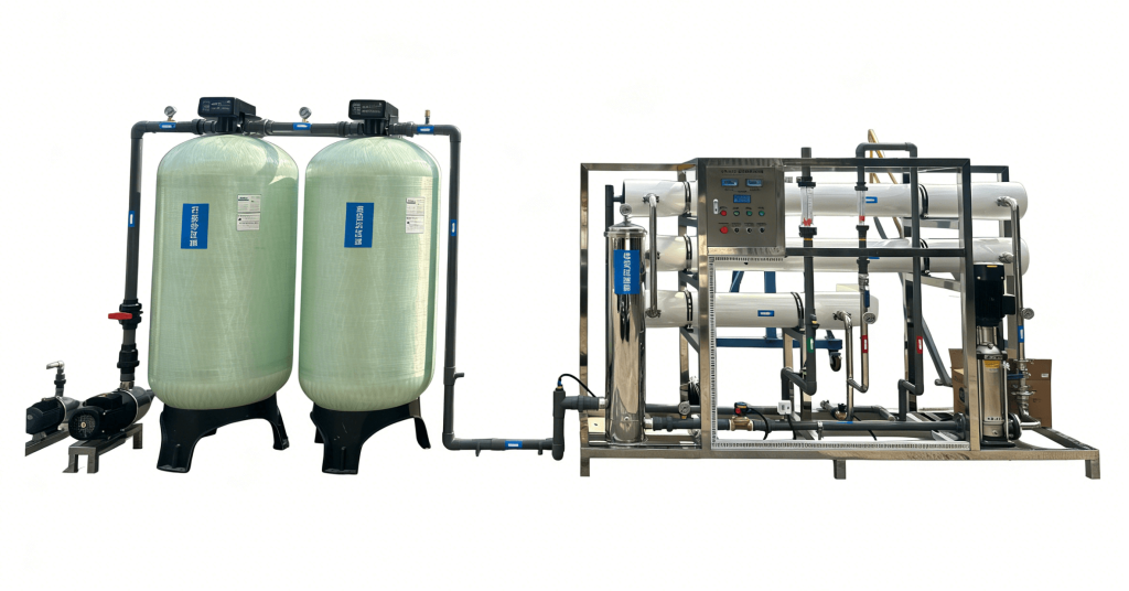 A Globaluf 5 TPH (tons per hour) brackish water desalination Reverse Osmosis (RO) system, featuring integrated pre-treatment (sand and carbon filters), booster pump, security filter, high-pressure pump, and RO membrane array, designed for efficient water purification.