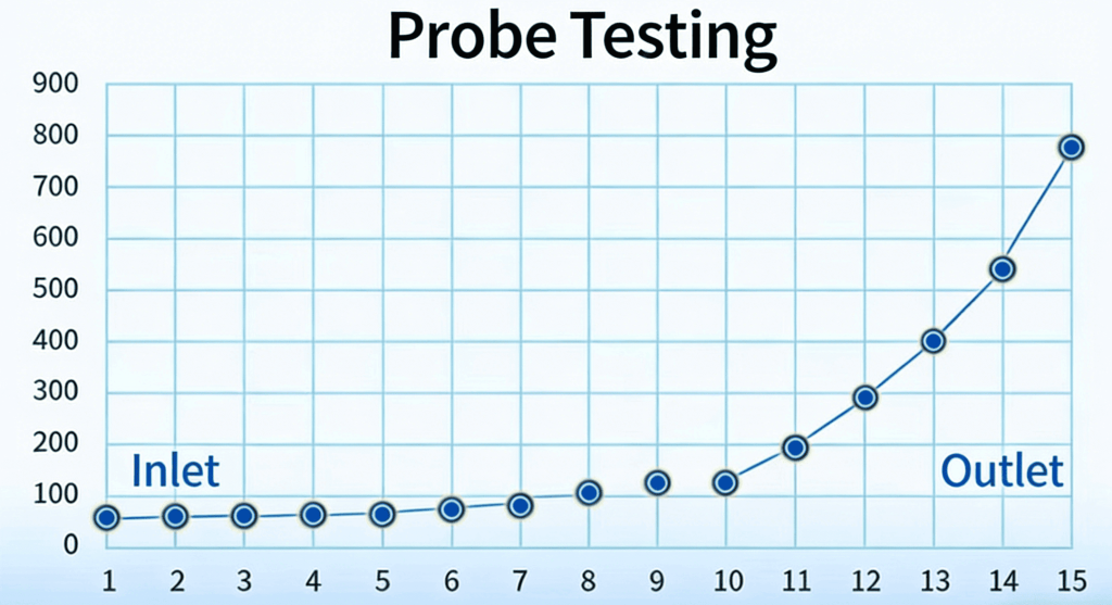 RO Second Pass Probe Testing Results Chart Showing TDS Value Progression Across 15 Measurement Points
