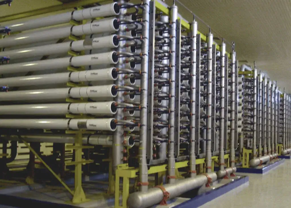 High-capacity reverse osmosis membrane pressure vessels at the Al Wasia BWRO desalination plant in Saudi Arabia.