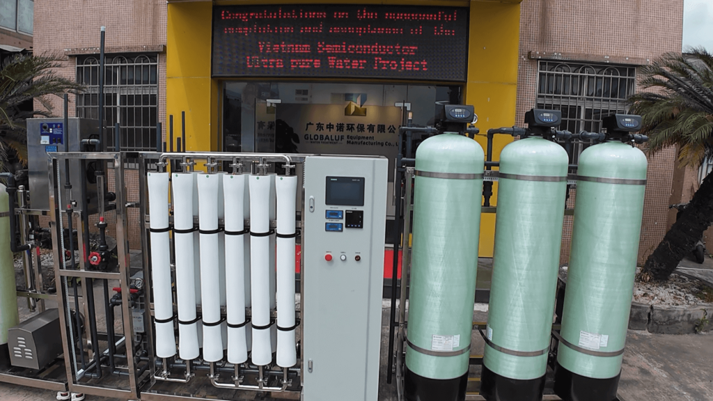 1000LPH Ultra-Pure Water System for Vietnam semiconductor project by GlobalUF featuring Pentair FRP tanks and Siemens PLC control panel.