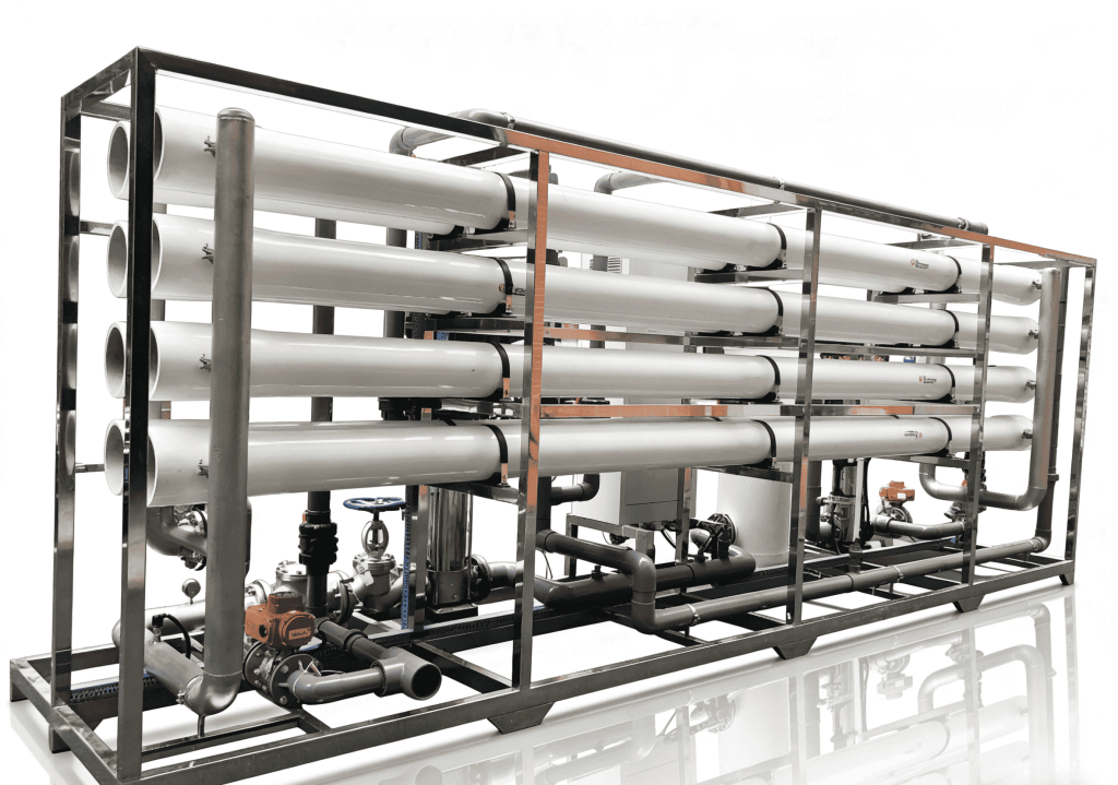 A Globaluf 40m³/h Industrial Reverse Osmosis (RO) system featuring multiple white RO membrane pressure vessels arranged horizontally on a robust stainless steel skid, complete with pumps, valves, and intricate piping for high-capacity water purification.