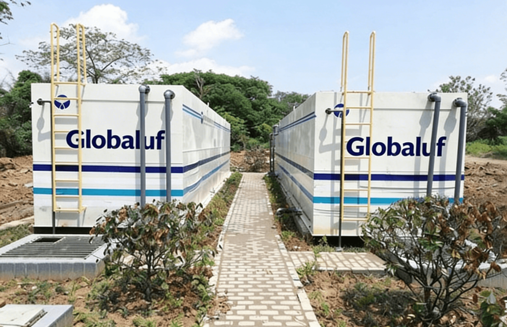Real-world installation of Globaluf integrated MBR wastewater treatment systems for decentralized sewage management.
