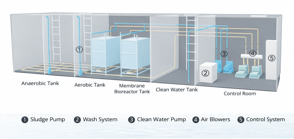 3D schematic diagram of Globaluf integrated MBR wastewater treatment system showing internal tanks and control room components