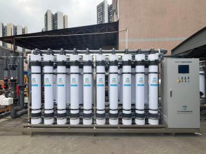 Front view of Globaluf 2000 m3/day industrial ultrafiltration (UF) system for industrial park domestic water treatment.