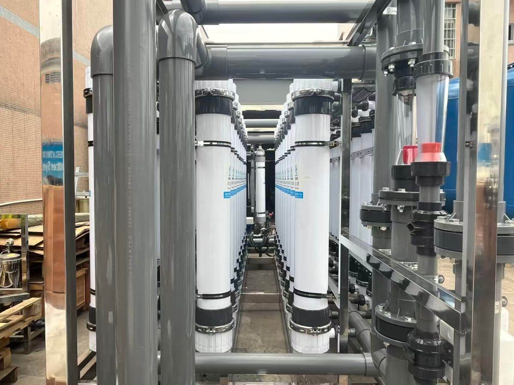 Detailed side view of the 40-module ultrafiltration system showing compact membrane arrangement and piping.