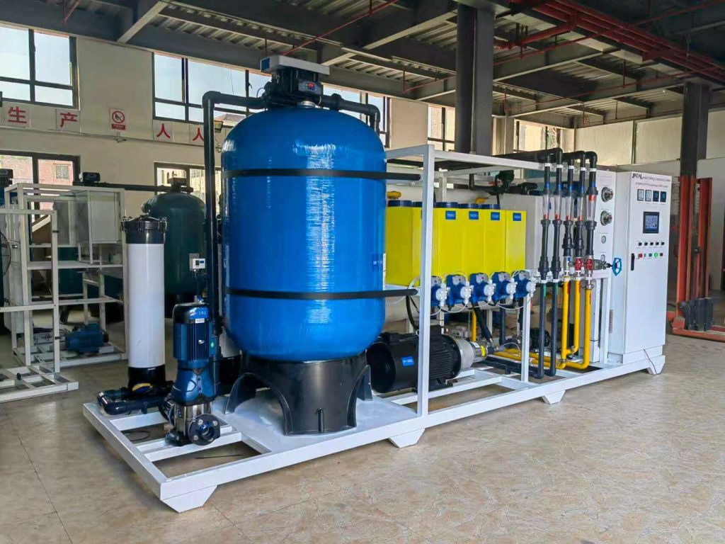 High-performance seawater desalination equipment featuring a chemical dosing system, filtration units, and a control panel designed for industrial water treatment.