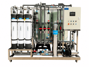 Front view of Globaluf integrated skid-mounted ultrafiltration (UF) water treatment system with HMI control panel and 3 UF membrane vessels.