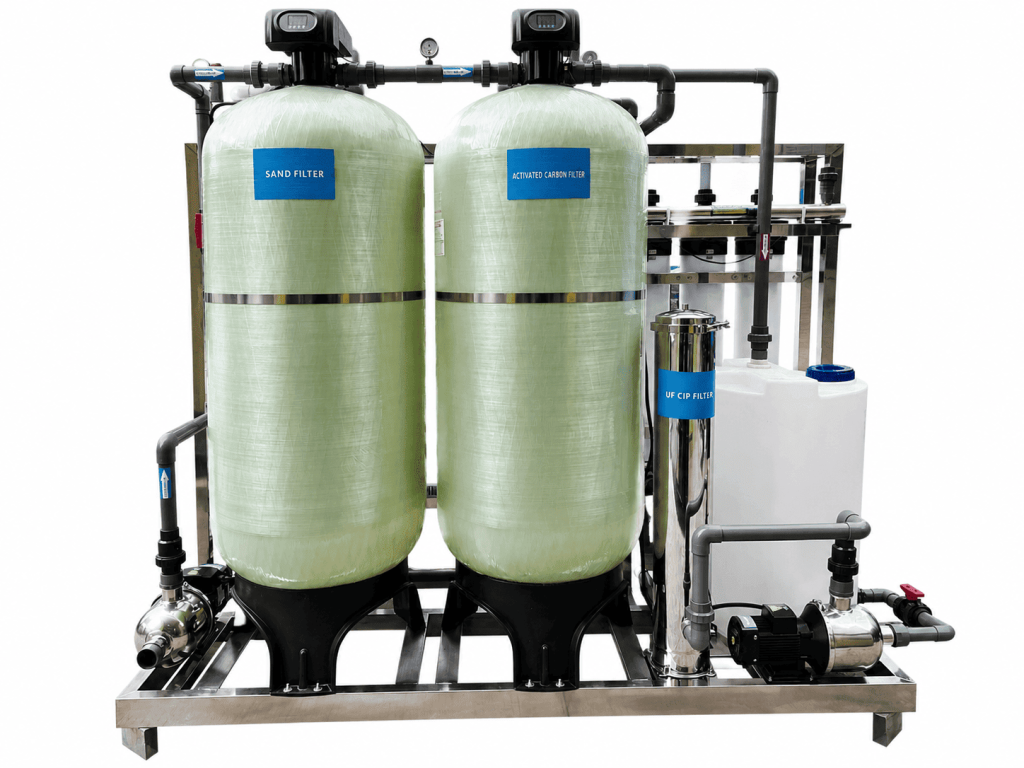 Rear view of Globaluf UF water treatment system showing FRP sand filter, activated carbon filter, and integrated CIP cleaning system.