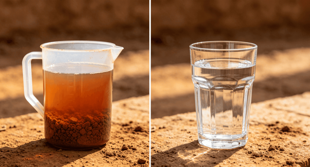 Side-by-side comparison of reddish-brown high iron borehole water from Tanzania and crystal-clear treated water processed by GlobalUF purification system.