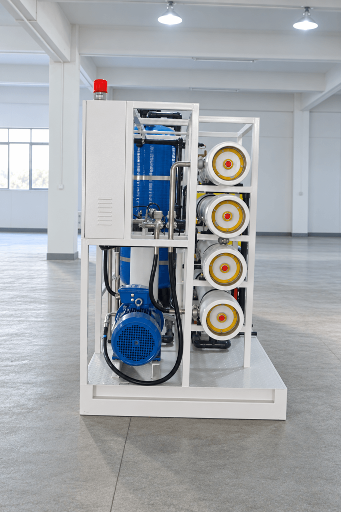 Rear view of GUF-SWRO-40TPD seawater RO skid showing pump, membrane housings, FRP vessel and process piping