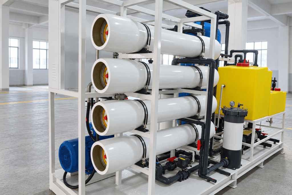 GUF-SWRO-40TPD seawater RO system showing four horizontal membrane pressure vessels, filter housing and piping
