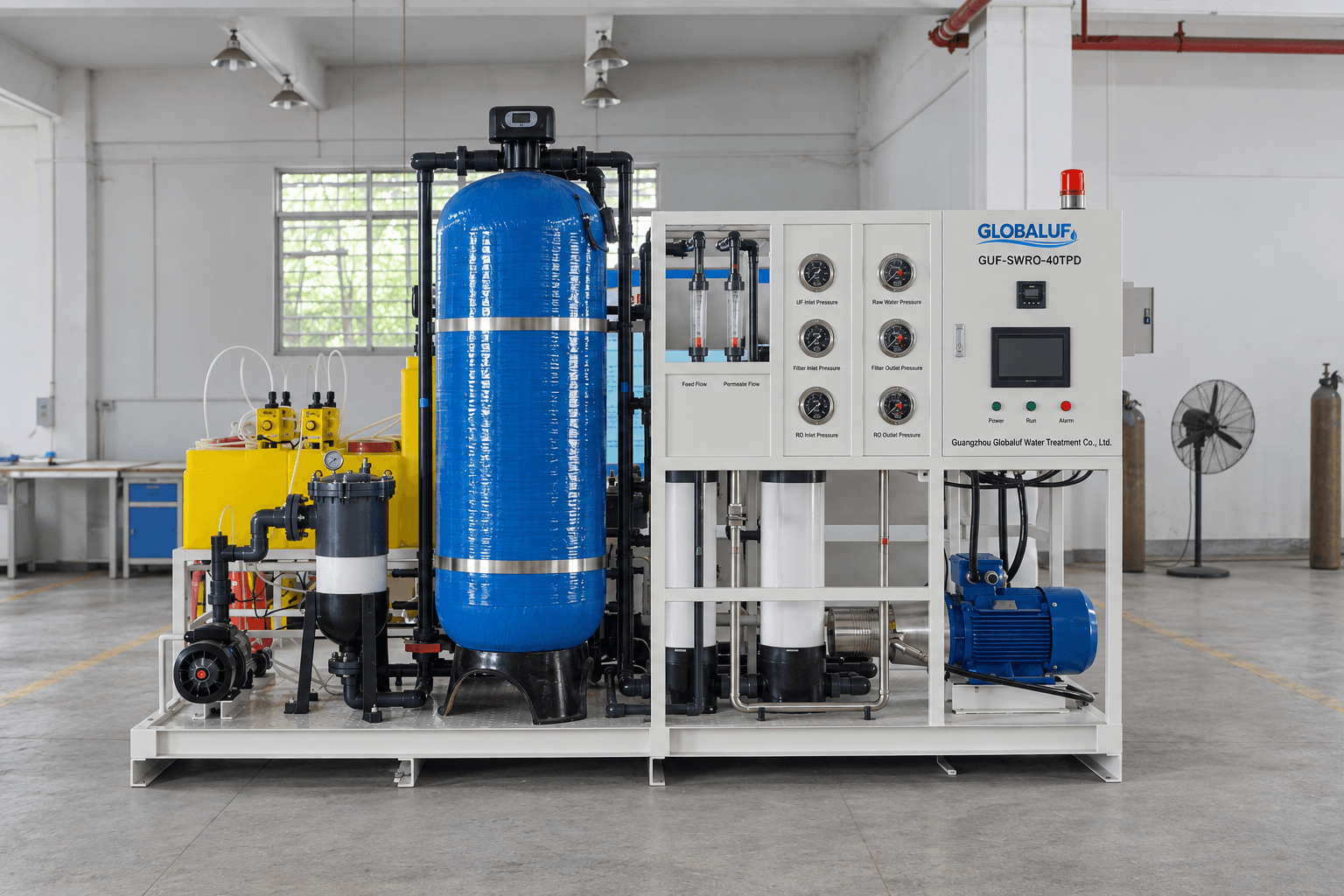 Front view of a GlobalUF GUF-SWRO-40TPD skid-mounted seawater reverse osmosis system