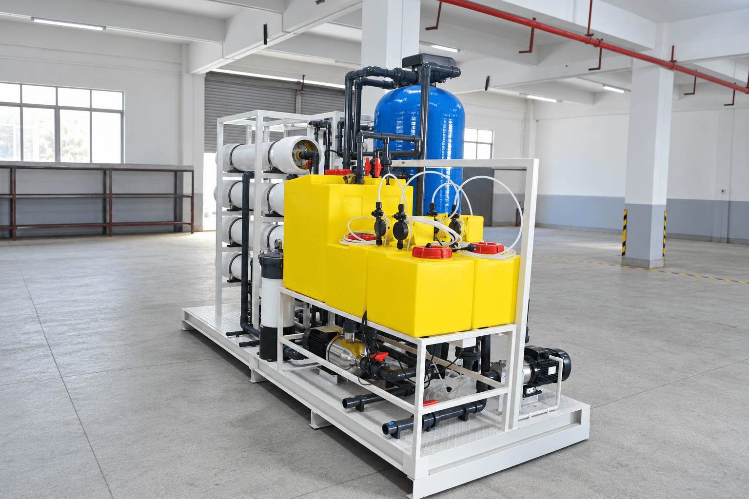 Yellow chemical dosing tanks and dosing pumps beside the pretreatment vessel on a GlobalUF SWRO skid