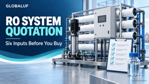 Concept illustration of an RO system and a checklist for preparing a reverse osmosis quotation.